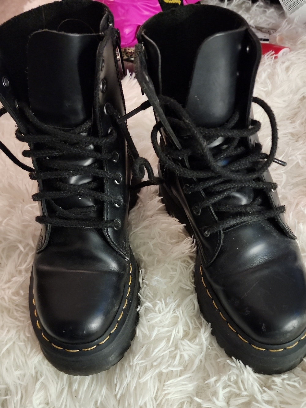 Dr. Martens Black Leather Lace-Up Platform Moto Boots with Yellow Stitching